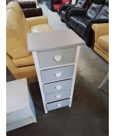 CHIFFONNIER BOIS BLANC ET TAUPE 5 TIROIRS POIGNÉES COEURS
