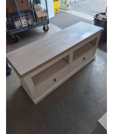 MEUBLE TV BAS BOIS BLANC DESSUS TAUPE 2 NICHES 2 TIROIRS 