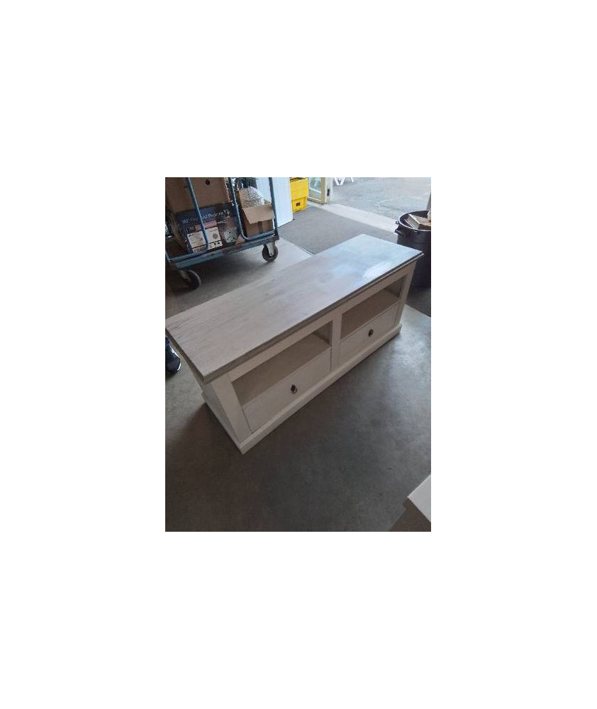 MEUBLE TV BAS BOIS BLANC DESSUS TAUPE 2 NICHES 2 TIROIRS 
