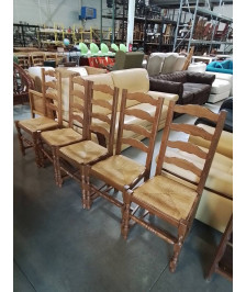 5 CHAISES BOIS CLAIR PAILLÉ A ENTRETOISE PIEDS BALUSTRE DOSSIER 4 BARREAUX CHANTOURNÉ 