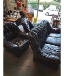 ENSEMBLE SALON 3 PIÈCES CANAPÉ +2 FAUTEUILS BOIS CAPITONNÉ CUIR NOIR