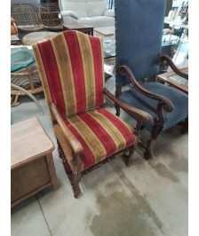 FAUTEUIL LOUIS XIII BOIS ASSISE ET DOSSIER CAPITONNÉ OCRE ET GRENAT A RAYURES 