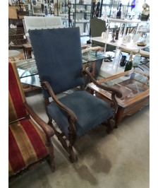 FAUTEUIL LOUIS XV BOIS ASSISE ET DOSSIER CAPITONNÉ TISSU BLEU