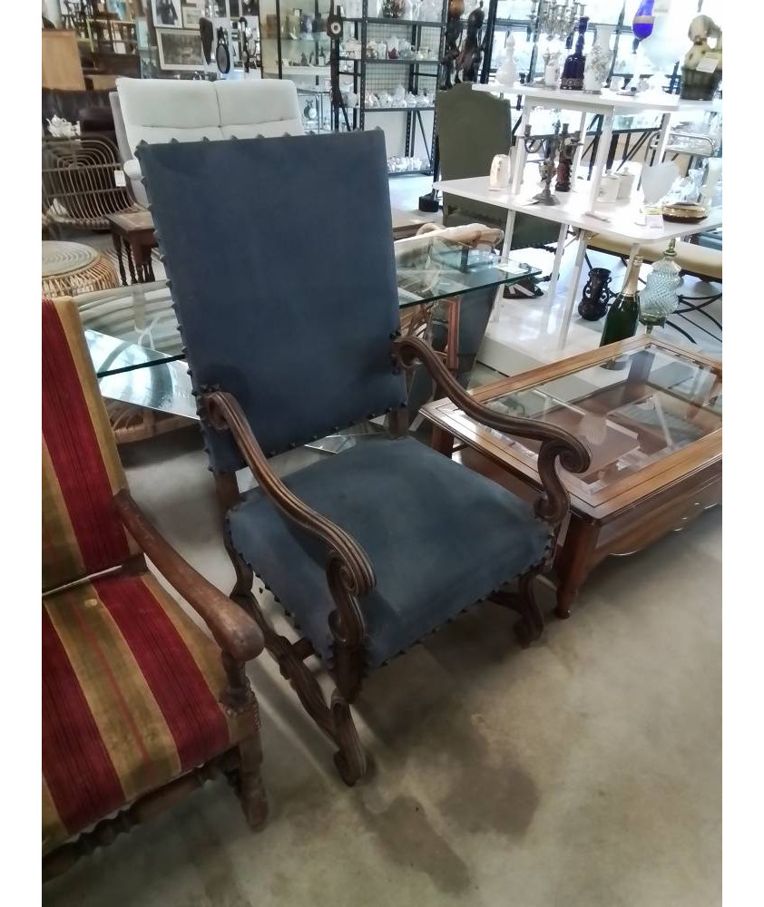 FAUTEUIL LOUIS XV BOIS ASSISE ET DOSSIER CAPITONNÉ TISSU BLEU