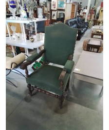 FAUTEUIL LOUIS XV BOIS ASSISE ET DOSSIER CAPITONNÉ TISSU VERT
