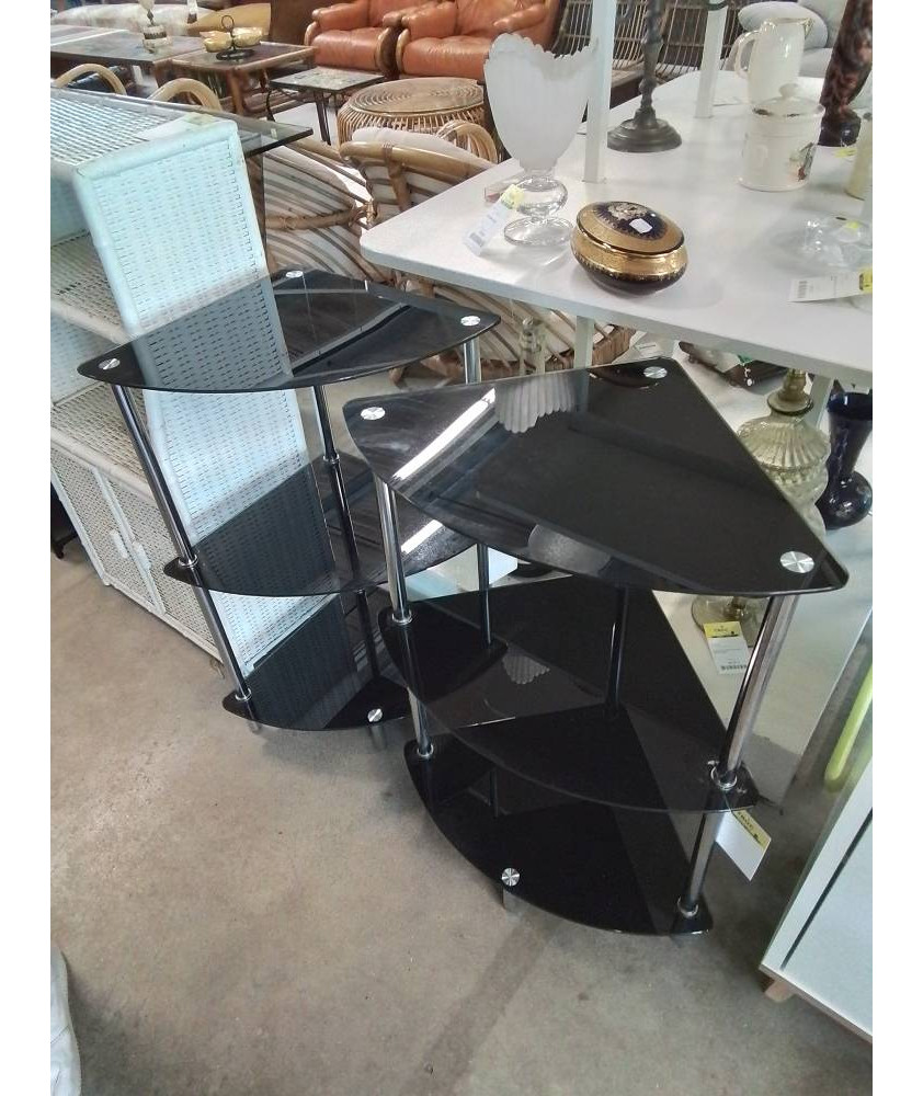 ÉTAGÈRE D’ANGLE MÉTAL CHROMÉ 3 TABLETTES VERRE 