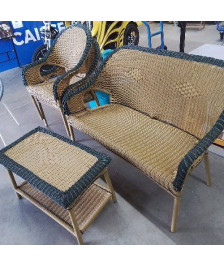 SALON DE JARDIN EFFET ROTIN BANQUETTE + 2 FAUTEUILS + TABLE BASSE