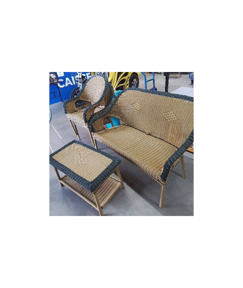SALON DE JARDIN EFFET ROTIN BANQUETTE + 2 FAUTEUILS + TABLE BASSE SALON DE JARDIN EFFET ROTIN BANQUETTE + 2 FAUTEUILS + TABLE BASSE