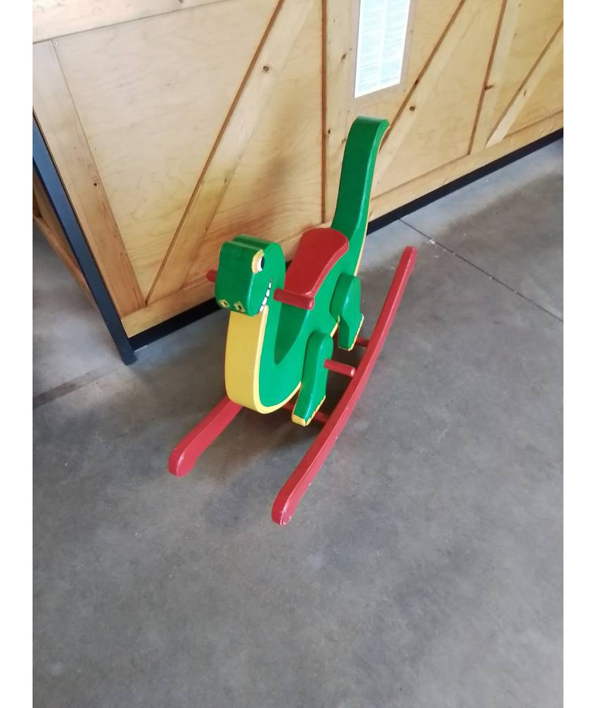 DINOSAURE A BASCULE  BOIS PEINT VERT ET ROUGE 