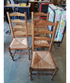 3 CHAISES BOIS PAILLÉ A ENTRETOISE PIEDS BALUSTRE DOSSIER 3 BARREAUX CHANTOURNÉ 