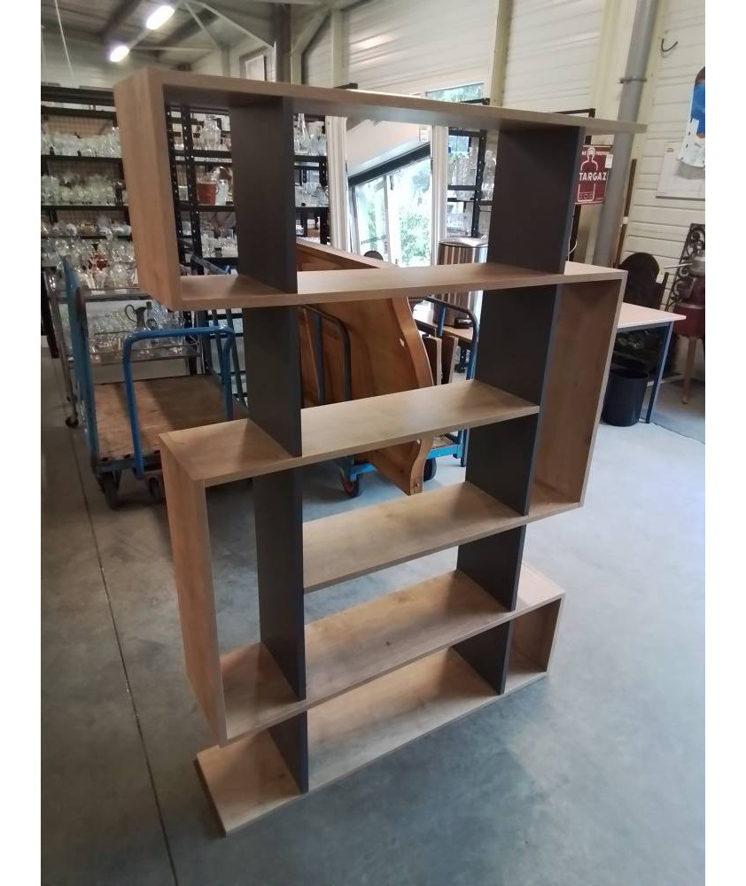 BIBLIOTHÈQUE BOIS CLAIR ET GRIS 9 NICHES 