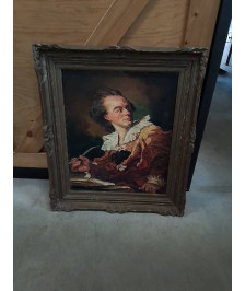 HUILE SUR PANNEAU L’HOMME A LA PLUME 55X46CM