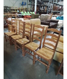 5 CHAISES BOIS CLAIR PAILLÉ A ENTRETOISE PIEDS BALUSTRE DOSSIER 4 BARREAUX CHANTOURNÉ 
