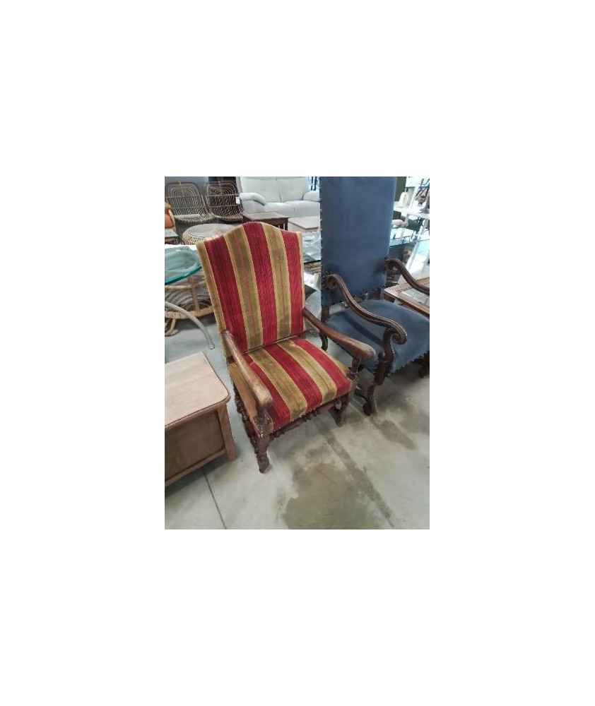 FAUTEUIL LOUIS XIII BOIS ASSISE ET DOSSIER CAPITONNÉ OCRE ET GRENAT A RAYURES 