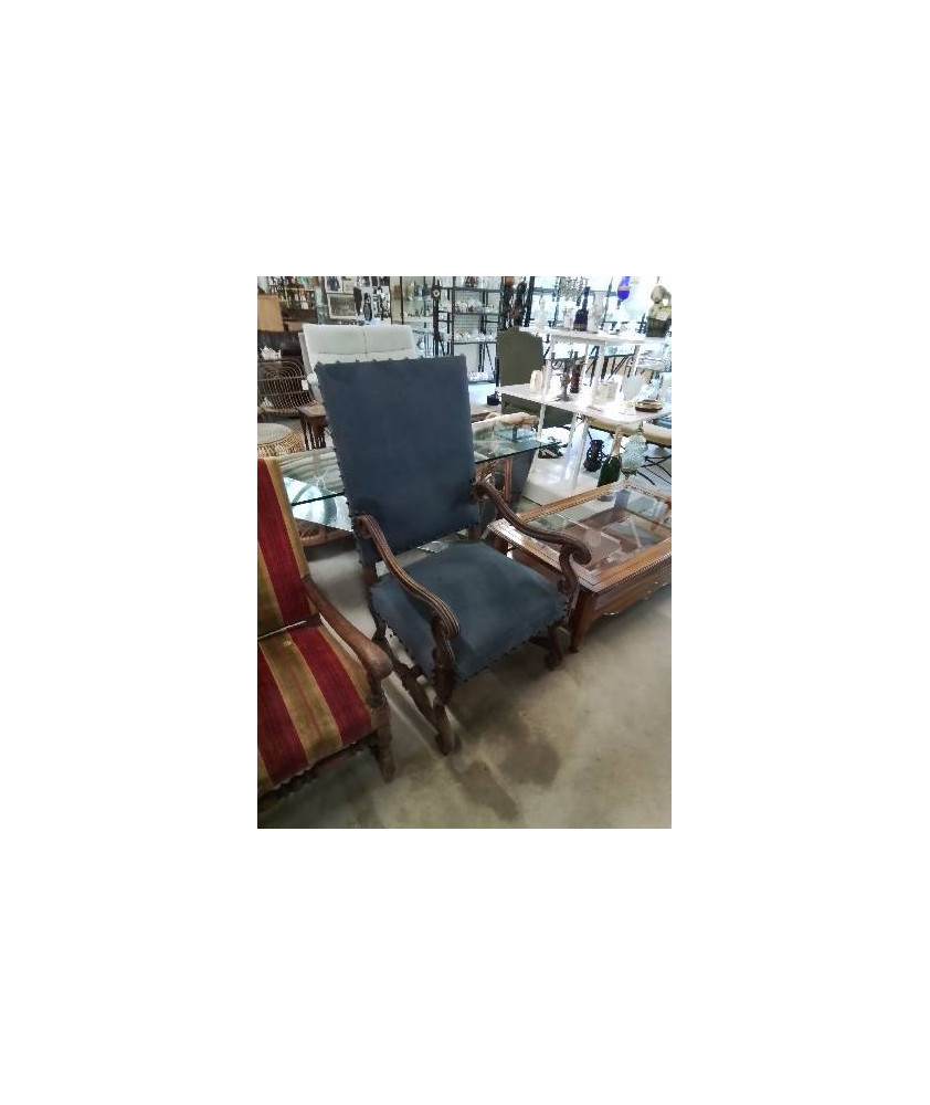 FAUTEUIL LOUIS XV BOIS ASSISE ET DOSSIER CAPITONNÉ TISSU BLEU