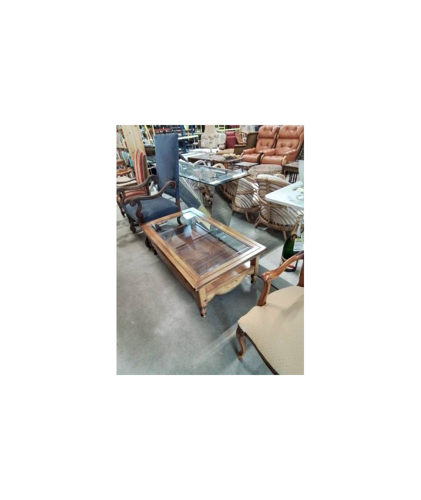 TABLE BASSE RECTANGULAIRE BOIS CLAIF 2 NIVEAUX DESSUS PLATEAU VERRE 