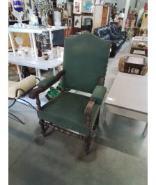 FAUTEUIL LOUIS XV BOIS ASSISE ET DOSSIER CAPITONNÉ TISSU VERT