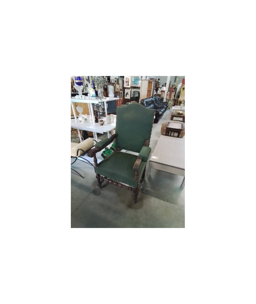 FAUTEUIL LOUIS XV BOIS ASSISE ET DOSSIER CAPITONNÉ TISSU VERT