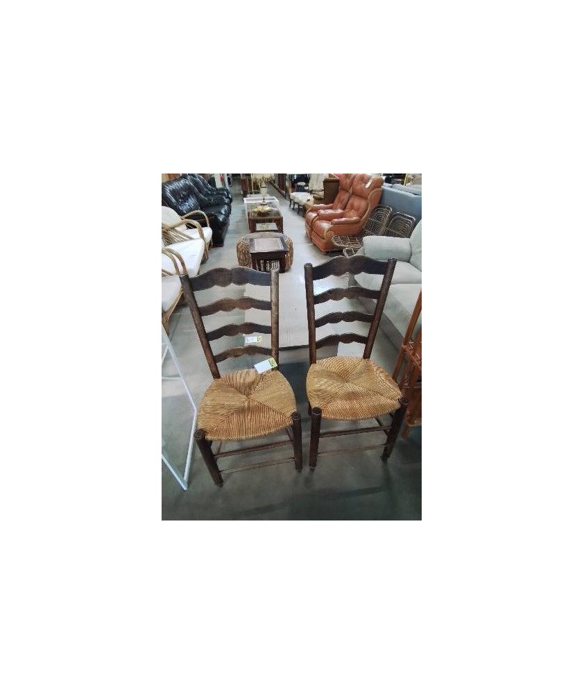 PAIRE DE CHAISES BOIS PAILLÉ DOSSIER 4 BARREAUX MOUSTACHE