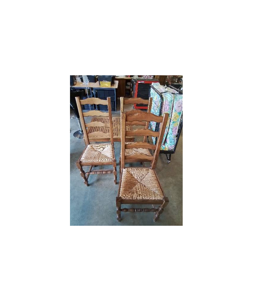 3 CHAISES BOIS PAILLÉ A ENTRETOISE PIEDS BALUSTRE DOSSIER 3 BARREAUX CHANTOURNÉ 