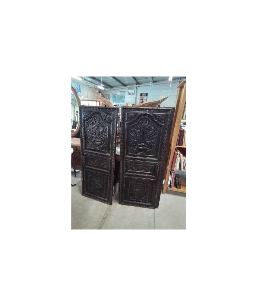PAIRE DE PORTES D’ARMOIRE BOIS NOIRCI SCULPTÉ AUX OISEAUX XIXE PAIRE DE PORTES D’ARMOIRE BOIS NOIRCI SCULPTÉ AUX OISEAUX XIXE