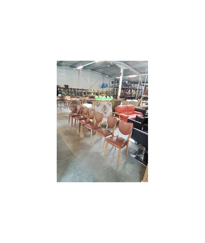 6 CHAISES BOIS CLAIR ASSISE ET DOSSIER SKAÏ MARRON ANNÉES 50