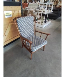 FAUTEUIL BOIS A BARREAUX COUSSINS BLEU ET BLANC BAUMANN MODÈLE ÉVENTAIL ANNÉES 50