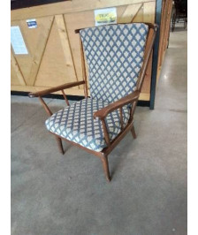 FAUTEUIL BOIS A BARREAUX COUSSINS BLEU ET BLANC BAUMANN MODÈLE ÉVENTAIL ANNÉES 50