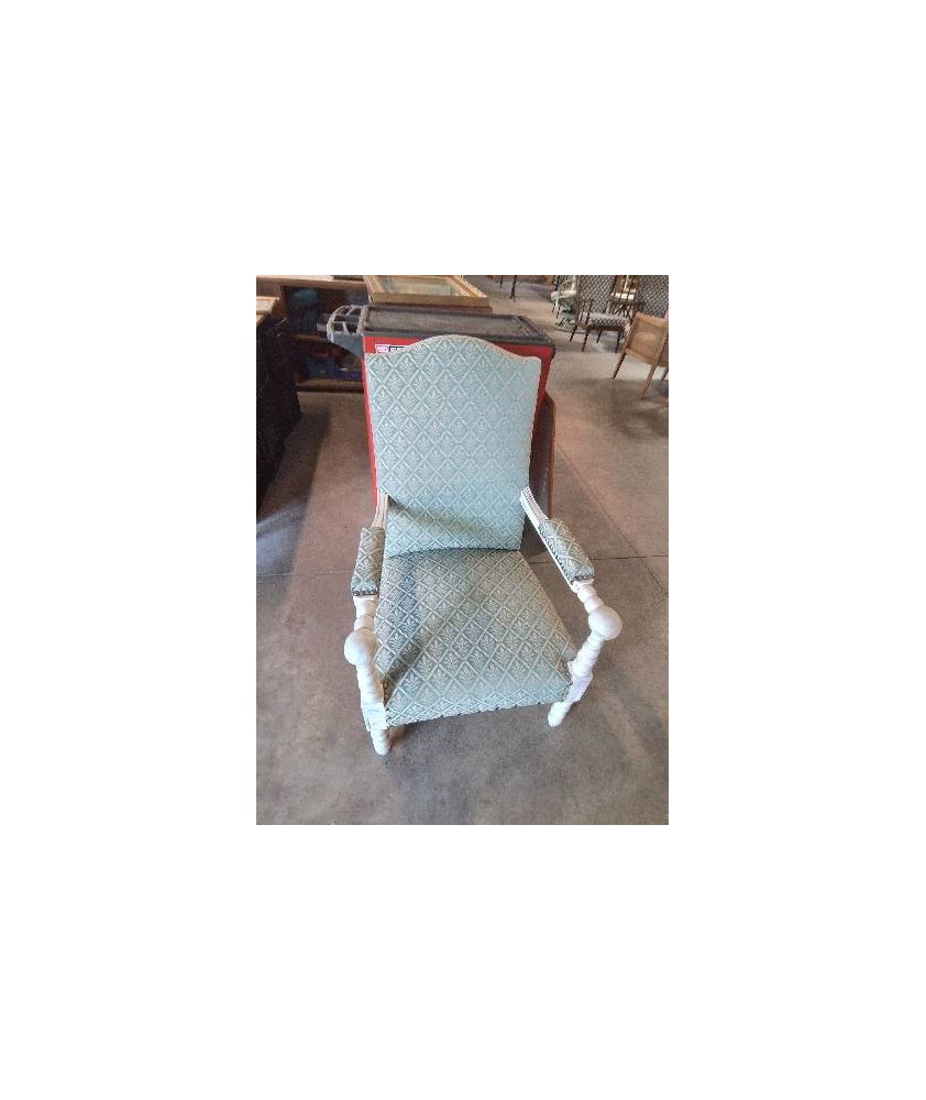 FAUTEUIL BOIS PEINT BLANC TISSU VERT A PALMETTES