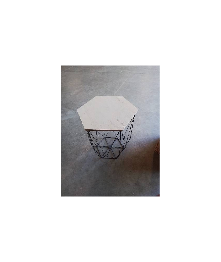 TABLE BASSE HEXAGONAL PIÈTEMENT MÉTAL NOIR PLATEAU BOIS CLAIR