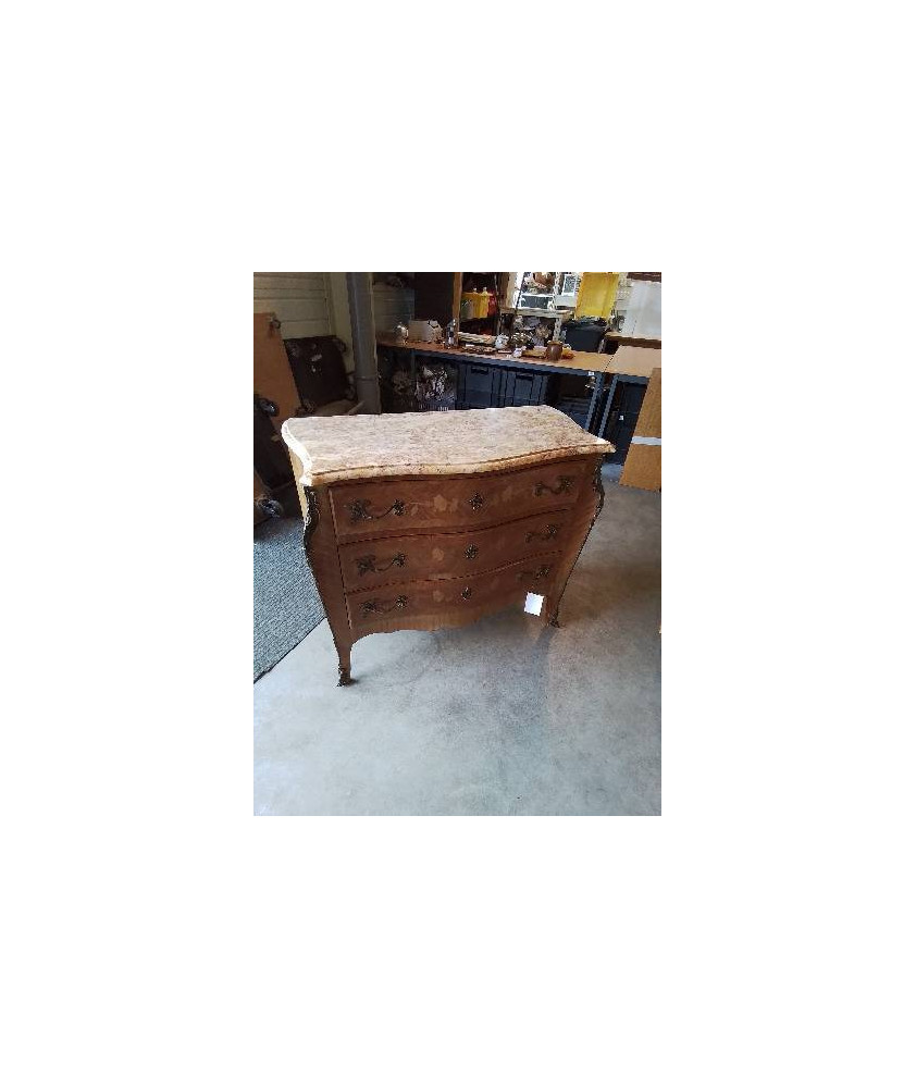 COMMODE BOIS DE ROSE MARQUETÉ 3 TIROIRS DESSUS MARBRE STYLE LOUIS XV