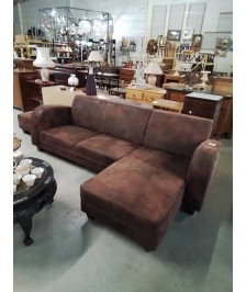 CANAPÉ D’ANGLE DROIT TISSU MARRON EFFET VIEILLI AVEC POUF 