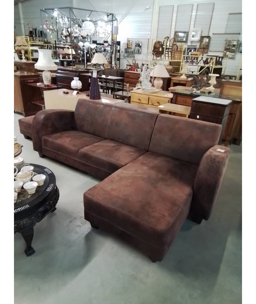 CANAPÉ D’ANGLE DROIT TISSU MARRON EFFET VIEILLI AVEC POUF 