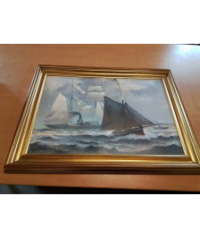 HUILE S/PAN GUY PERON - 1931  COTRE PILOTE DU HAVRE  AVEC STEAMER ET  VAPEUR   EN RADE  DU HAVRE