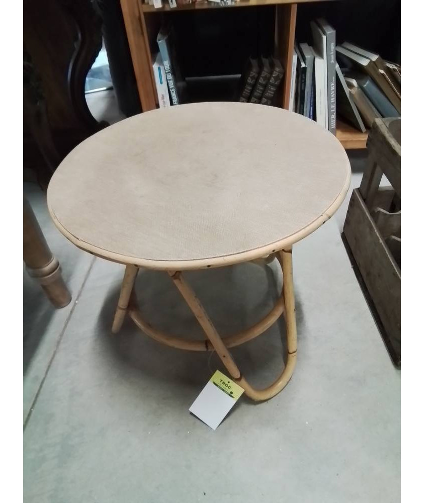 TABLE BASSE RONDE ROTIN ET BOIS ANNÉES 50