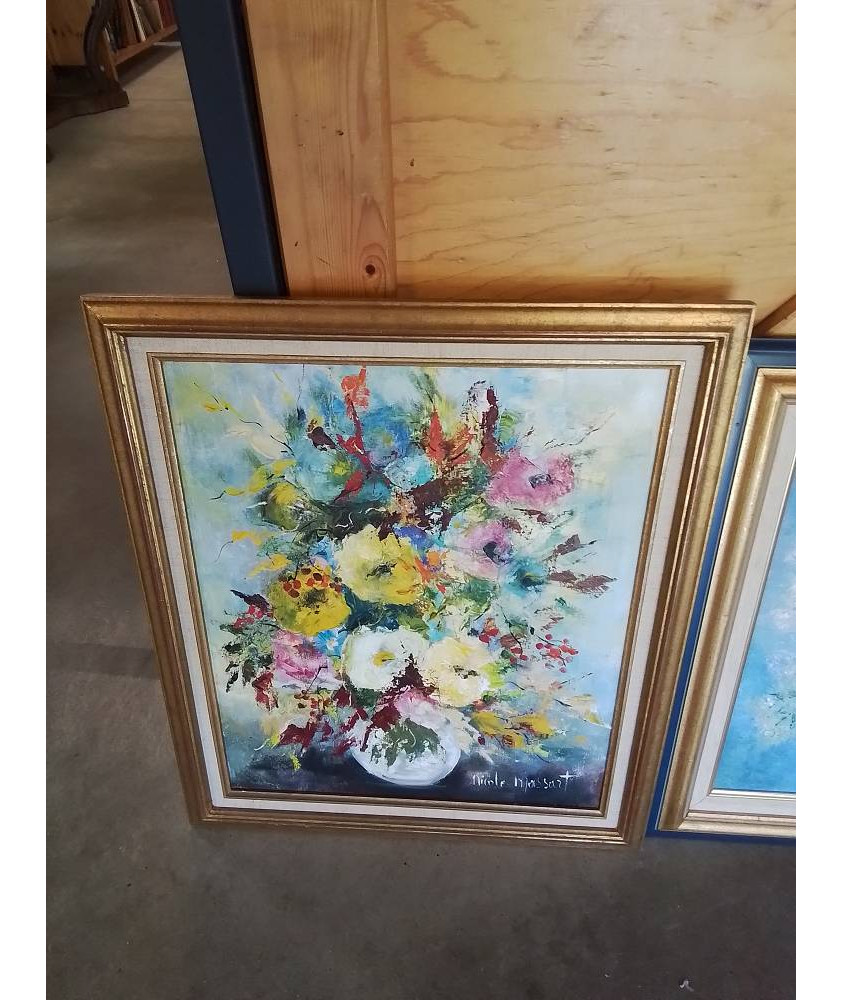 HUILE SUR TOILE BOUQUET DE FLEURS NICOLE MASSART CADRE  DORÉ 