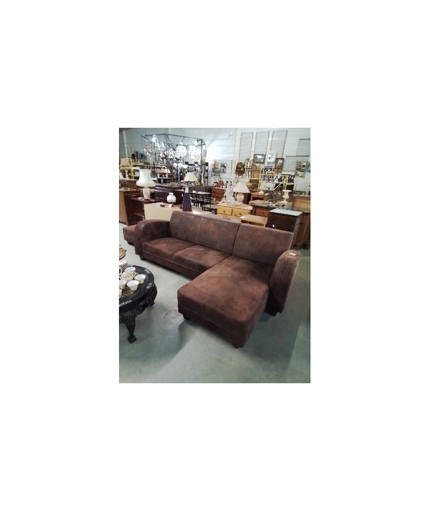 CANAPÉ D’ANGLE DROIT TISSU MARRON EFFET VIEILLI AVEC POUF 