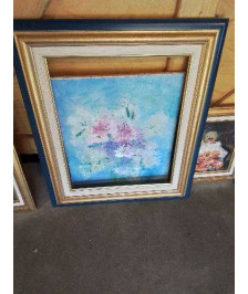HUILE SUR TOILE BOUQUET DE FLEURS NICOLE MASSART CADRE DORÉ BLEU