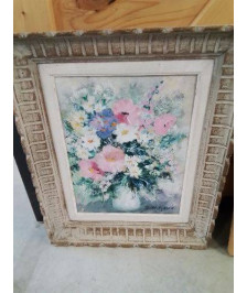HUILE SUR TOILE BOUQUET DE FLEURS ROSE NICOLE MASSART CADRE ANNÉES 50
