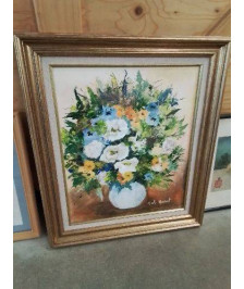 HUILE SUR TOILE BOUQUET DE FLEURS CADRE DORÉ NICOLE MASSART CADRE DORÉ 