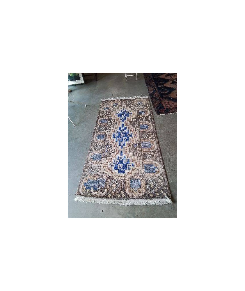 TAPIS LAINE FAIT MAIN BLEU MARRON ECRU 195X103CM