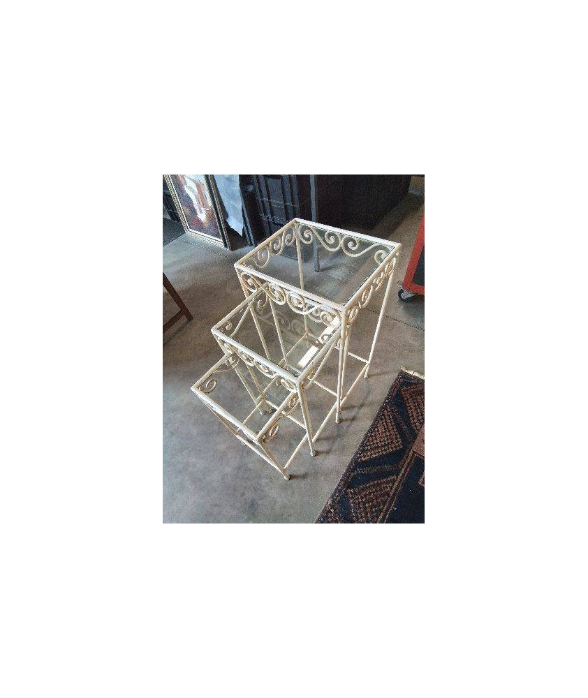 3 CONSOLES GIGOGNES FER FORGÉ BLANC DESSUS PLATEAUX VERRE