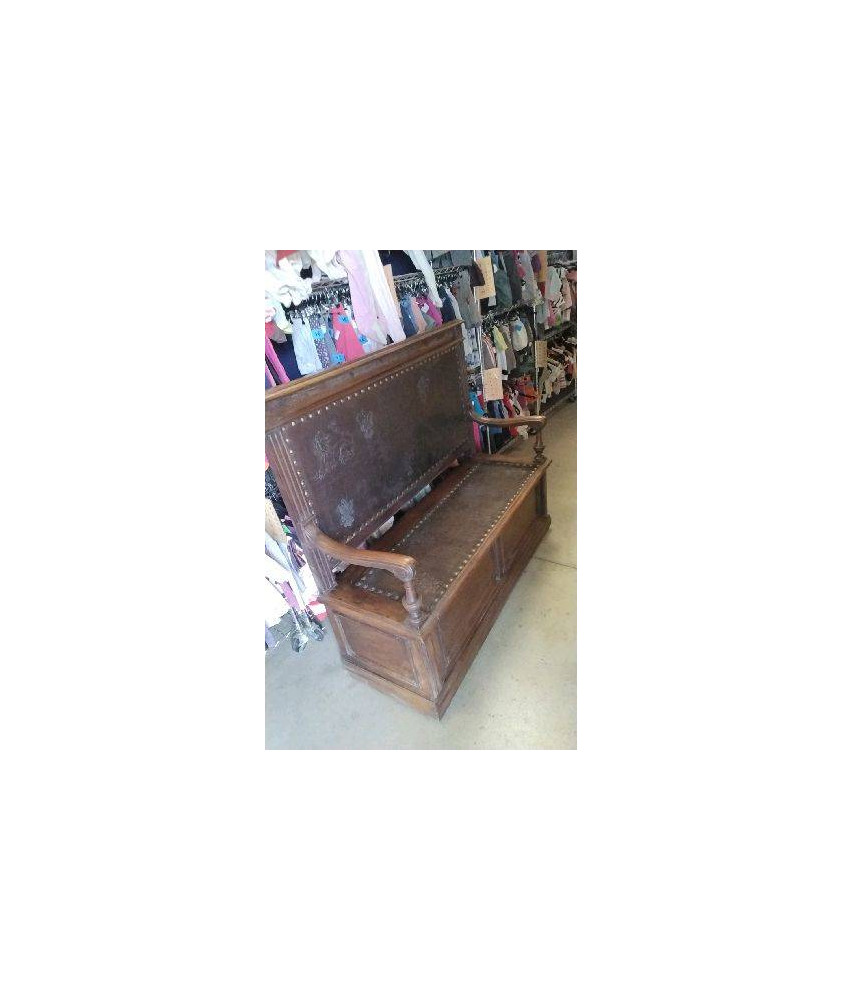 BANC COFFRE BOIS ANCIEN - DOSSIER CUIR 