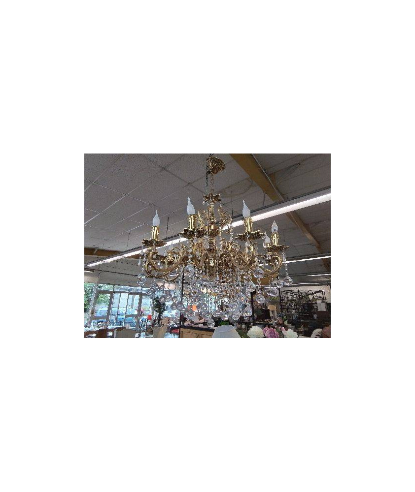 LUSTRE 10 BRANCHES STYLE LOUIS XV EN BRONZE ET PAMPILLES CRISTAL 