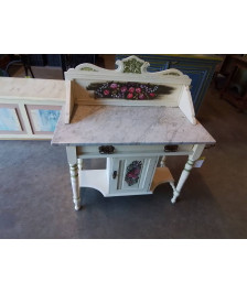 COIFFEUSE BOIS PEINT AUX FLEURS 1 PORTE PLATEAU MARBRE