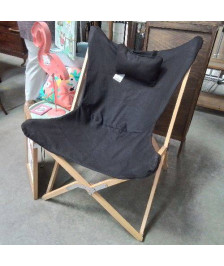 FAUTEUIL PAPILLON BOIS CLAIR PLIABLE TISSU NOIR