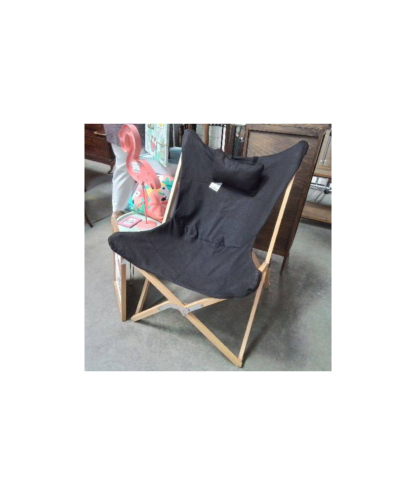 FAUTEUIL PAPILLON BOIS CLAIR PLIABLE TISSU NOIR