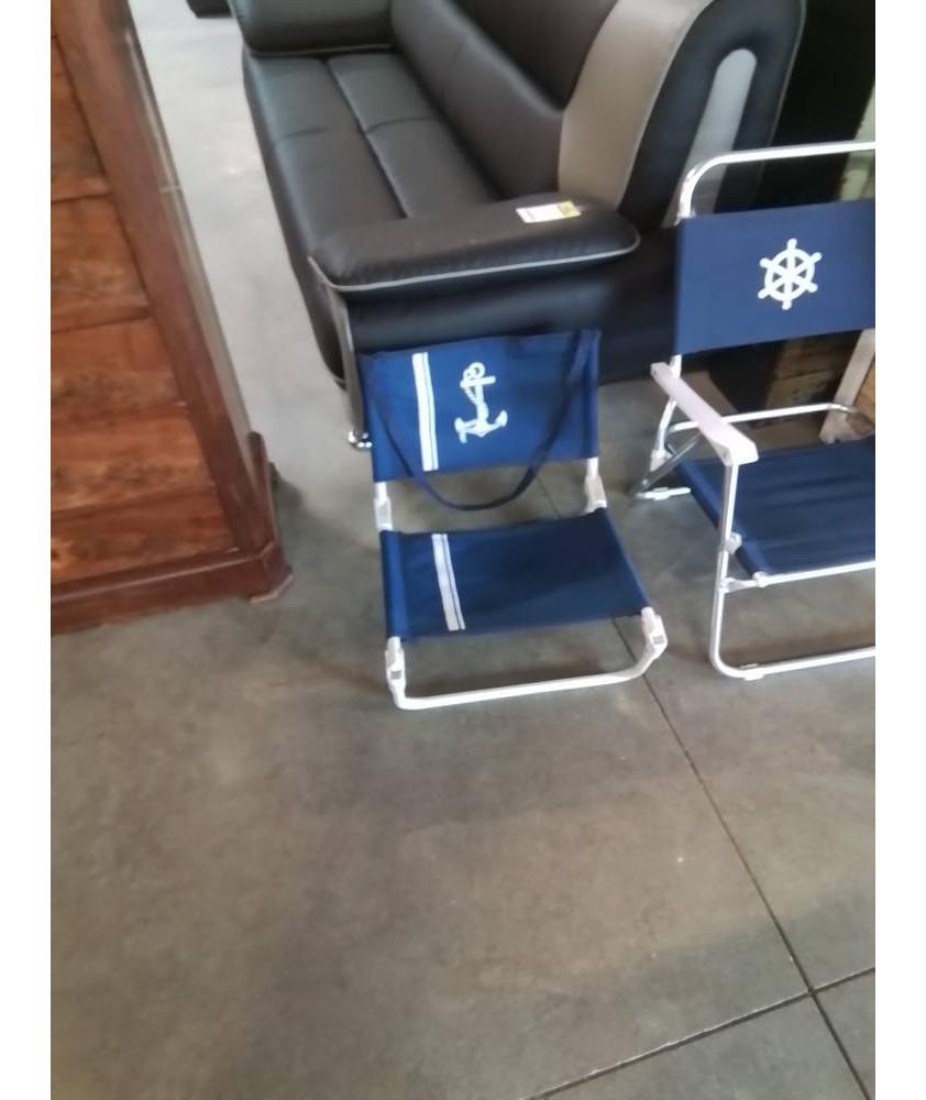 FAUTEUIL DE PLAGE TISSU BLEU PIÈTEMENT MÉTAL BLANC 