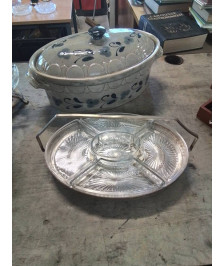 CENTRE DE TABLE A COMPARTIMENTS CRISTAL ET MÉTAL DORE STYLE LOUIS XVI 