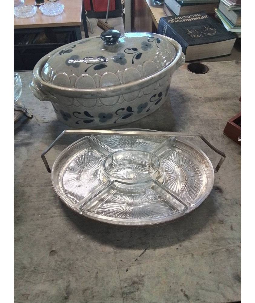 CENTRE DE TABLE A COMPARTIMENTS CRISTAL ET MÉTAL DORE STYLE LOUIS XVI 